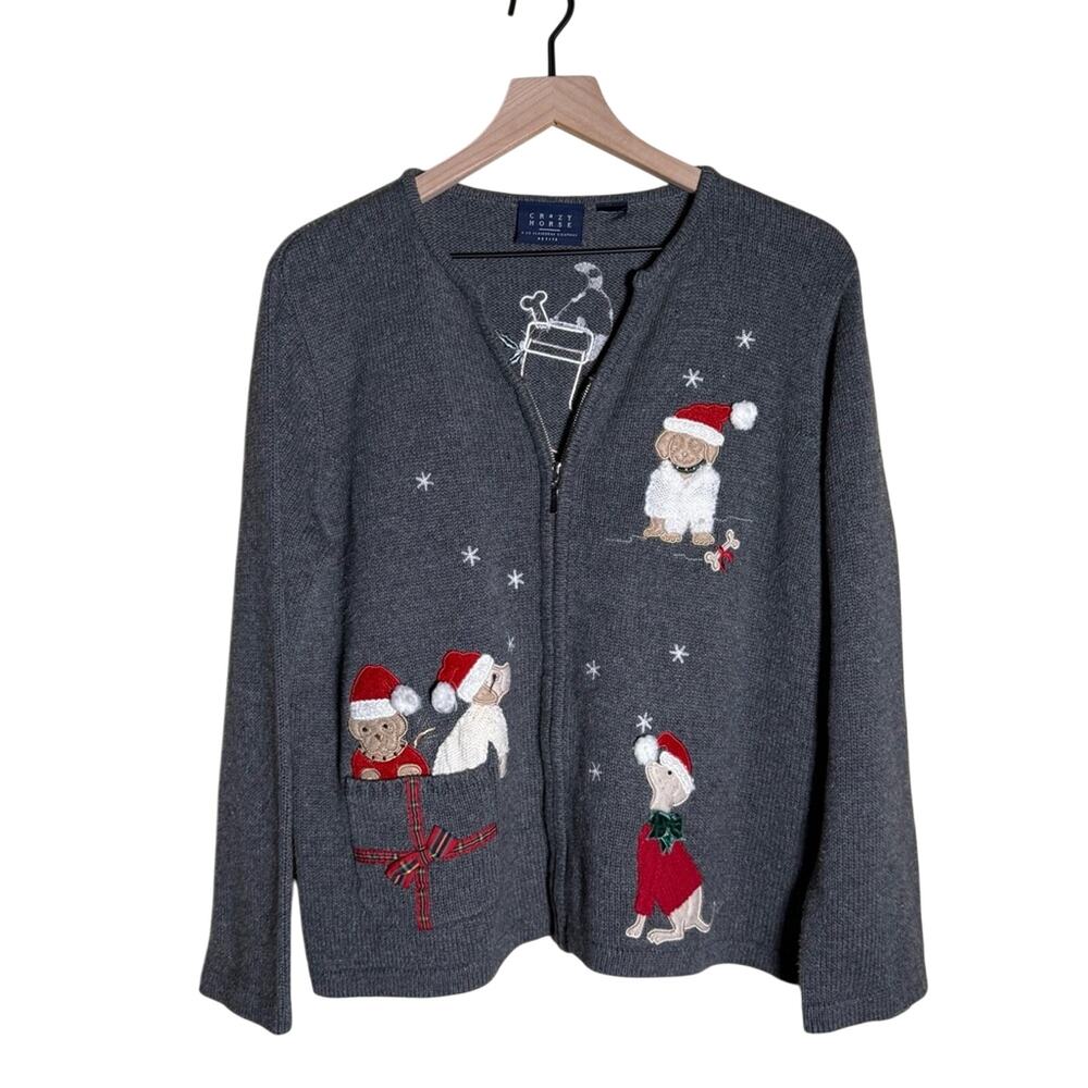 VINTAGE CRAZY HORSE holiday dog embroidered wool blend Gray cardigan Sweater XL